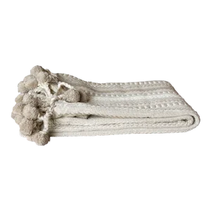 Beige Hand-Loomed Cotton Pom-Pom Throw