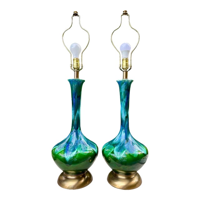 Vintage 1960s Ceramic Drip Glazed Green Blue Brass Table Lamps - a Pair For Sale