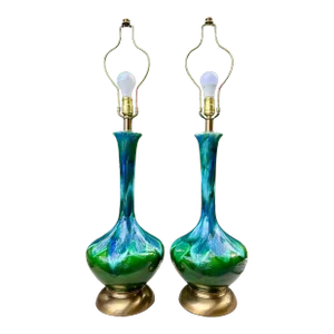 Vintage 1960s Ceramic Drip Glazed Green Blue Brass Table Lamps - a Pair