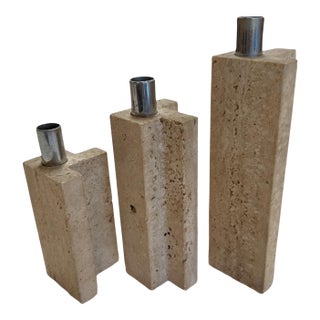 Set of Three Travertine and Chrome Candleholders by c.l.a.m., Italy, 1970s For Sale