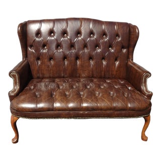 Vintage French Country Brown Tufted Chesterfield Settee Loveseat Decorative Nails For Sale