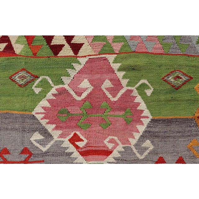 Mid 20th Century Mid 20th Century Vintage Turkish Kilim With Bright & Colorful Geometric Diamond Design For Sale - Image 5 of 12