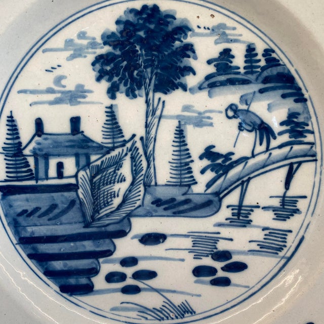 French Early Antique Dutch Delft Blue and White Landscape Plate or Platter For Sale - Image 3 of 12