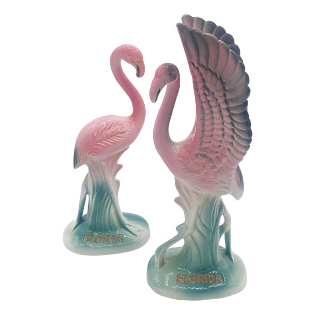 1950s Mid-Century "Meeting in Florida" Matching Ceramic Pink Flamingo Statues, Pair For Sale