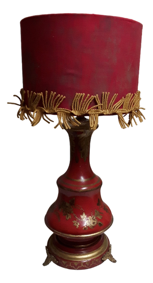 Vintage Red-Painted Metal Table Lamp with Gold-Colored Decoration and Red Fabric Shade, 1960s