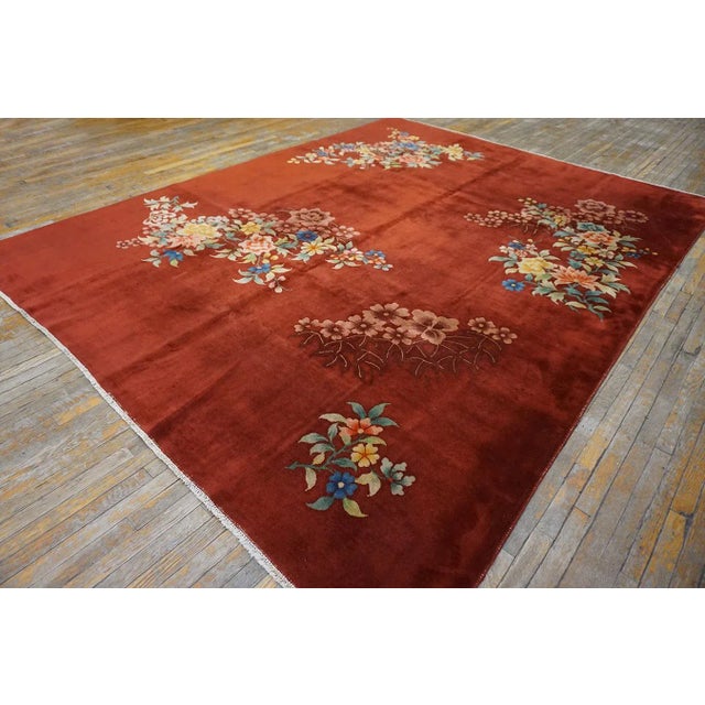 Art Deco 1930s Red Modernist Flowers Antique Chinese Art Deco Carpet 8'10'' X 11'4'' Knotted Wool Rug For Sale - Image 3 of 12