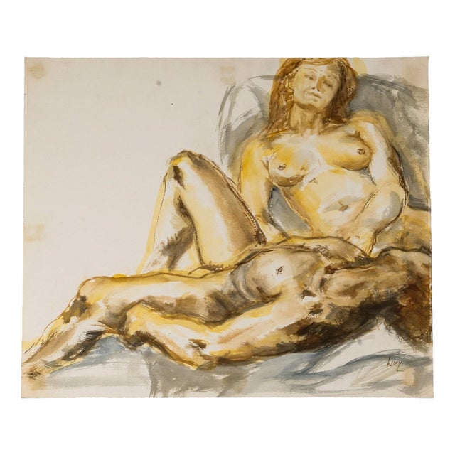 Evelyne Luez, Nude, Depicting Two Reclining Women, 20th Century, Watercolor on Paper For Sale