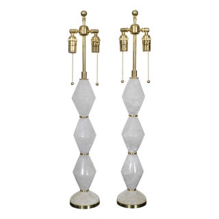 Pair of diamond shaped polished rock crystal table lamps For Sale