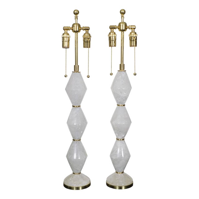 Pair of diamond shaped polished rock crystal table lamps For Sale