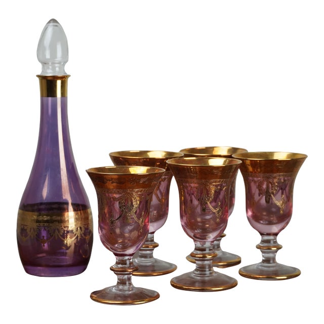 Vintage Six Piece Italian Amethyst Glass Decanter Set With 22k Gold Accents C. 1960 For Sale