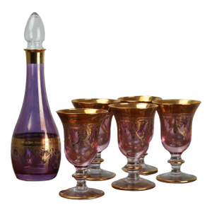 Vintage Six Piece Italian Amethyst Glass Decanter Set With 22k Gold Accents C. 1960