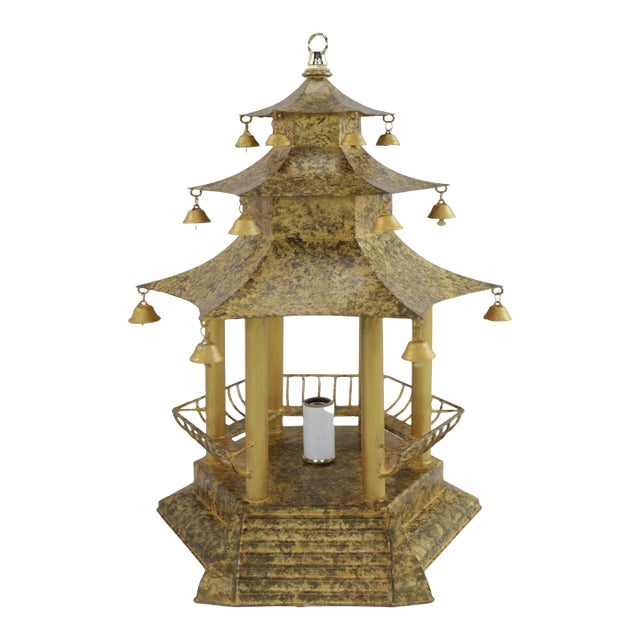 Vintage Chinoiseres Golden Tole Pagoda Table Lamp With Railings and Steps, Bell. For Sale