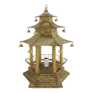 Vintage Chinoiseres Golden Tole Pagoda Table Lamp With Railings and Steps, Bell.
