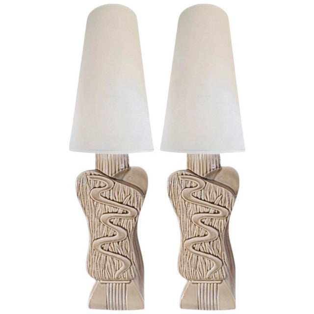 Mid-Century Modern 40s Pair Phil-Mar Style Art Deco Mid Century Modern Abstract Ceramic Table Lamps For Sale - Image 3 of 12