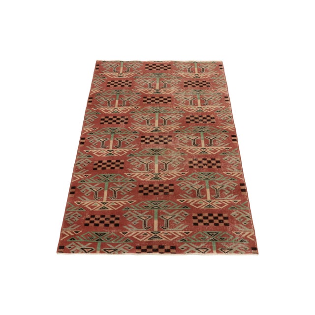 Art Deco 1960s Vintage Distressed Rug in Red, Green, Art Deco Pattern by Rug & Kilim For Sale - Image 3 of 6