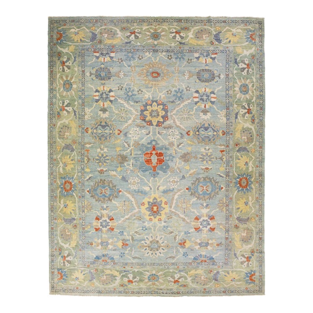 Modern Sultanabad Blue Handmade Floral Wool Rug For Sale
