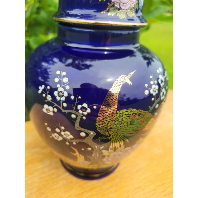 Late 20th Century Japanese Cobalt Blue Peacock & Peony Ginger Jar For Sale - Image 4 of 7