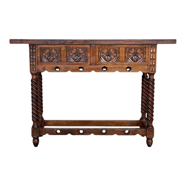 18th Carved Two-Drawer Baroque Spanish Walnut Console Table With Iron Hardware For Sale