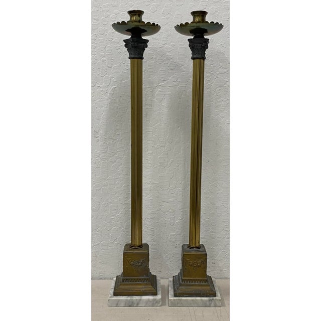Brass Early 20th Century Italian Plate Brass Spelter & Marble Base Candle Holders For Sale - Image 8 of 8