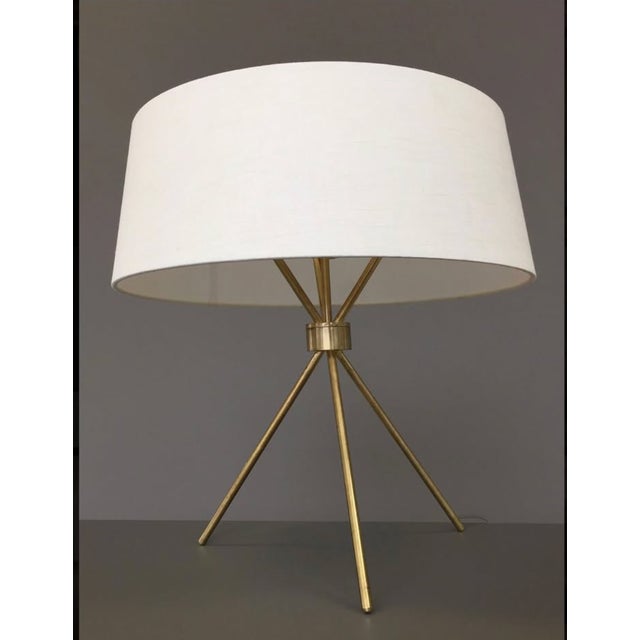 Visual Comfort and Co Pair of Brass Tripod Table Lamps with white/cream round shade. Style of T.H. Robsjohn-Gibbings....