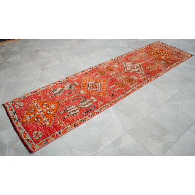 Textile Antique Style Orange Runner Rug, Hand Knotted Turkish Carpet, 3x12 Vintage Area Rug, Rare Alien Motif Decor, Organic Modern Rug For Sale - Image 7 of 16