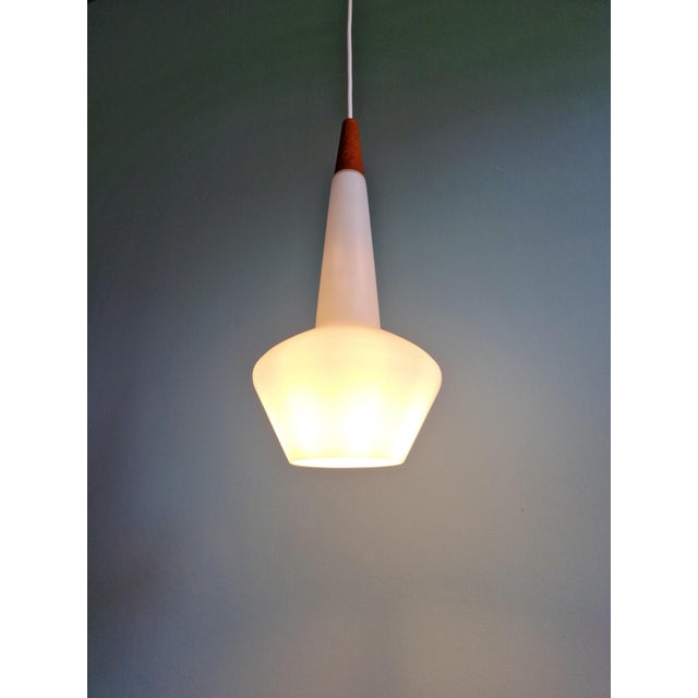 Scandinavian Pendant Light in Satin White Opaline Glass and Teak, 1960s For Sale - Image 11 of 14