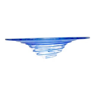 Vintage Hand Blown Blue Spiral Glass Bowl For Sale