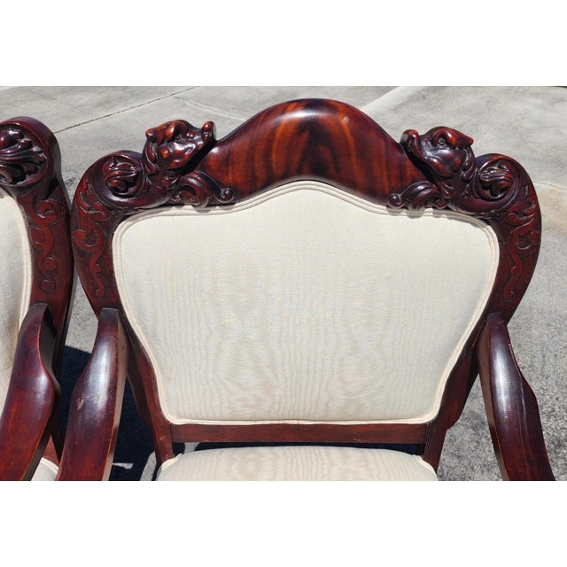 Antique Asian Rosewood Carved Foo Dogs Living Room Suite 3 Piece Sette 2 Chairs For Sale In Miami - Image 6 of 17