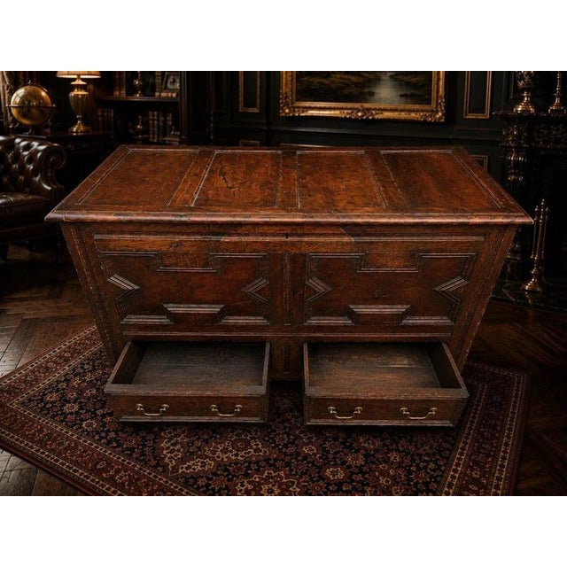 Wood Large Victorian Oak Mule Chest Coffer with Drawers & Carved Initials For Sale - Image 7 of 12