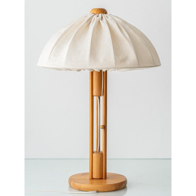 Large Scandinavian Pine Table Lamp with Fabric Dome Shade, 1960s For Sale - Image 4 of 14