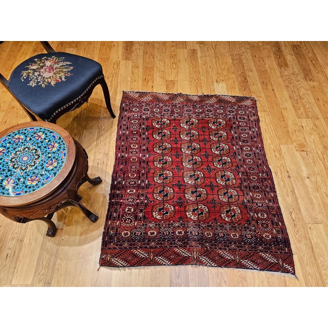 Red Vintage Turkmen Tekke Area Rug in Allover Geometric Pattern in Brick-Red, Navy, Ivory, Brown For Sale - Image 8 of 16