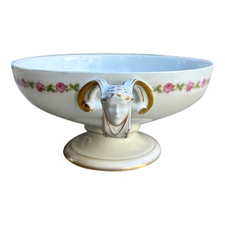 Antique Rosenthal Selb-Bavaria “Empire” Pedestal Bowl With Ram Mask Handles & Pink Rose Garland For Sale