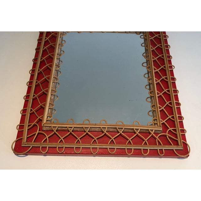 Rattan mirror on a red background. French work. Circa 1940 For Sale - Image 4 of 12