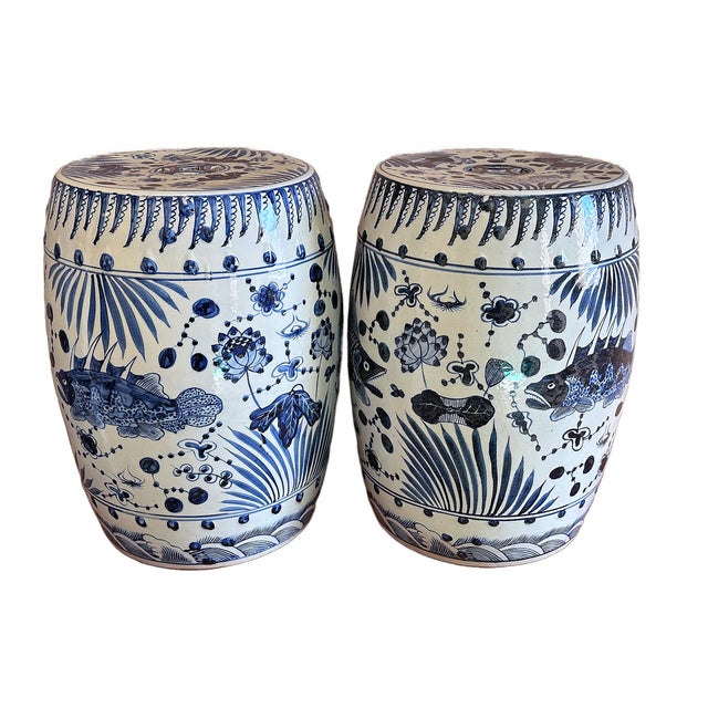 Chinoiserie Porcelain Blue and White Coastal Fish Garden Stools - A Pair For Sale - Image 4 of 7
