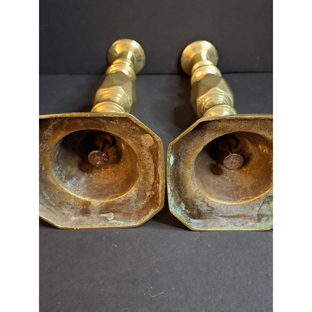 Antique Matching Pair Victorian "The Queen of Diamonds" Brass Candlesticks 11" Push Up Ejector c.1897 For Sale - Image 18 of 18