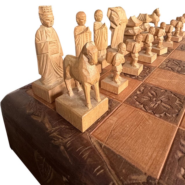 Vintage Chinese Hand-Carved Wood Figural Chess Set With Folding Game Board For Sale In Oklahoma City - Image 6 of 13