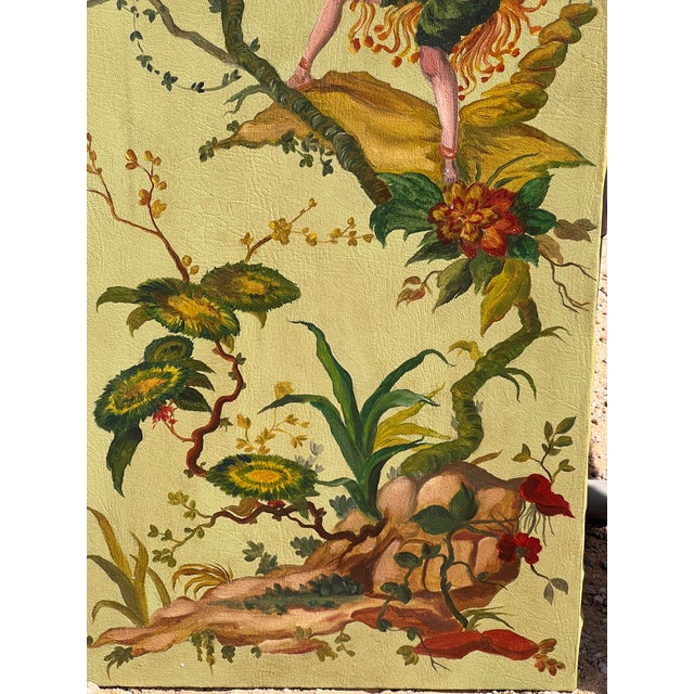 Wood Pair of Large Continental Oil on Leather Chinoiserie Painting Panels For Sale - Image 7 of 11