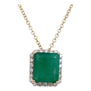 Natural Emerald Diamond Pendant Necklace 14k Yellow Gold 5.05 TCW Certified For Sale