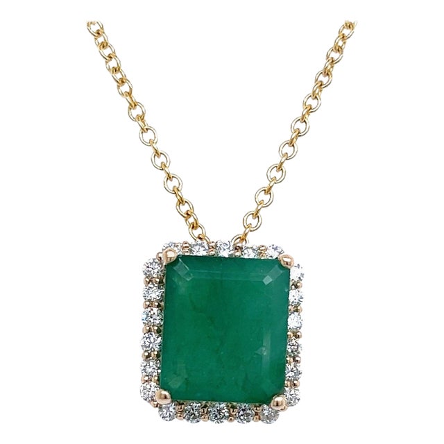Natural Emerald Diamond Pendant Necklace 14k Yellow Gold 5.05 TCW Certified For Sale