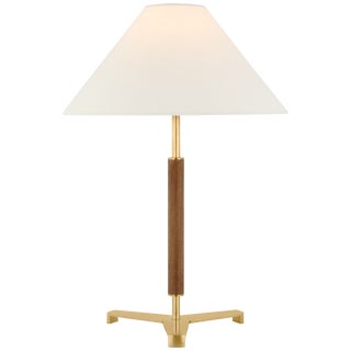 Ray Booth by Visual Comfort Signature Amaya 20" Table Lamp in Antique-Burnished Brass and Walnut with Linen Shade For Sale
