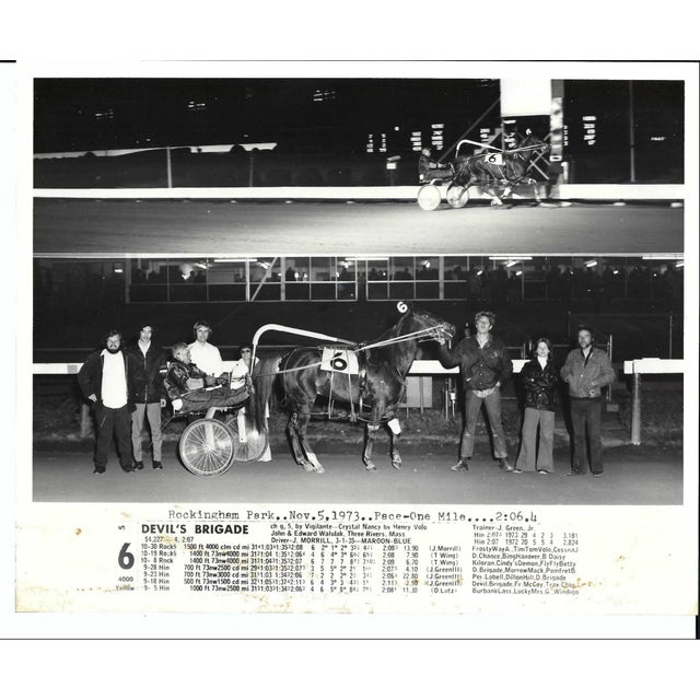 1973 winner's circle black and white photograph from the Rockingham Park Race Course in Salem, NH where Devil's brigade...