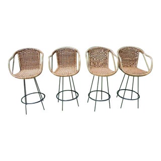 Tiki Arthur Umanoff Style Rattan Bar Stools - Set of 4 For Sale