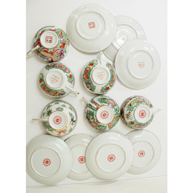 Vintage Large Chinese Famille Rose Medallions Set Salad Bowl, Oval Platter, Tea Cups & Saucers, Mini Sake/Rice Bowls Set - 19 Pieces For Sale - Image 9 of 13