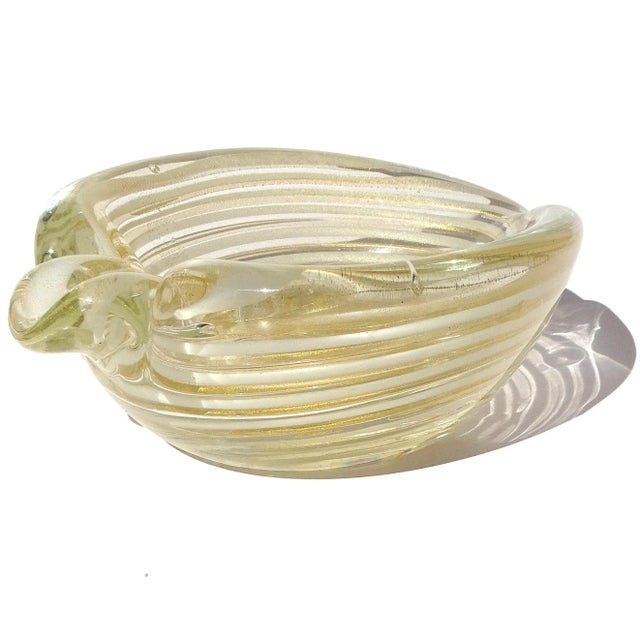 Vintage Murano Barovier Toso Gold Flecks White Swirl Italian Art Glass Heart Ashtray Dish Bowl For Sale - Image 9 of 11