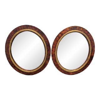 Custom Painted Faux Tortoiseshell Gold Trim Oval Wall Mirrors- A Pair For Sale