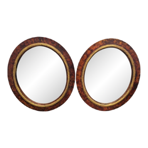 Custom Painted Faux Tortoiseshell Gold Trim Oval Wall Mirrors- A Pair