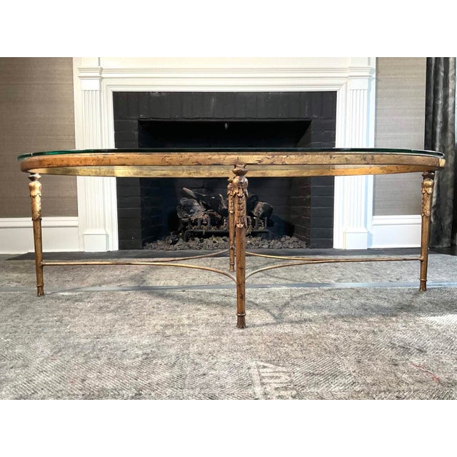 Neoclassical Vintage Oval Gilded Iron and Glass Top Coffee Table Attributed to Minton-Spidell For Sale - Image 3 of 7