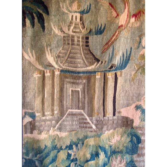 Chinoiserie French Aubusson Chinoiserie Verdure Tapestry Pagoda and Three Birds 18 Century For Sale - Image 3 of 13