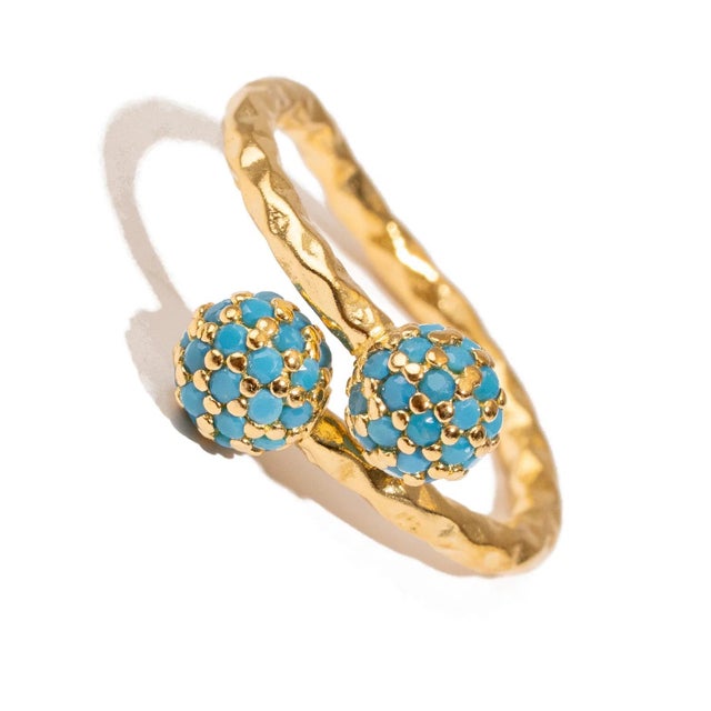 Radiant Duo Turquoise Gold Adjustable Ring, Size 8 For Sale In Miami - Image 6 of 9