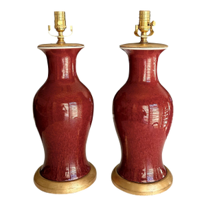 Pair 19th Century Chinese Flambe Oxblood Porcelain Table Lamps